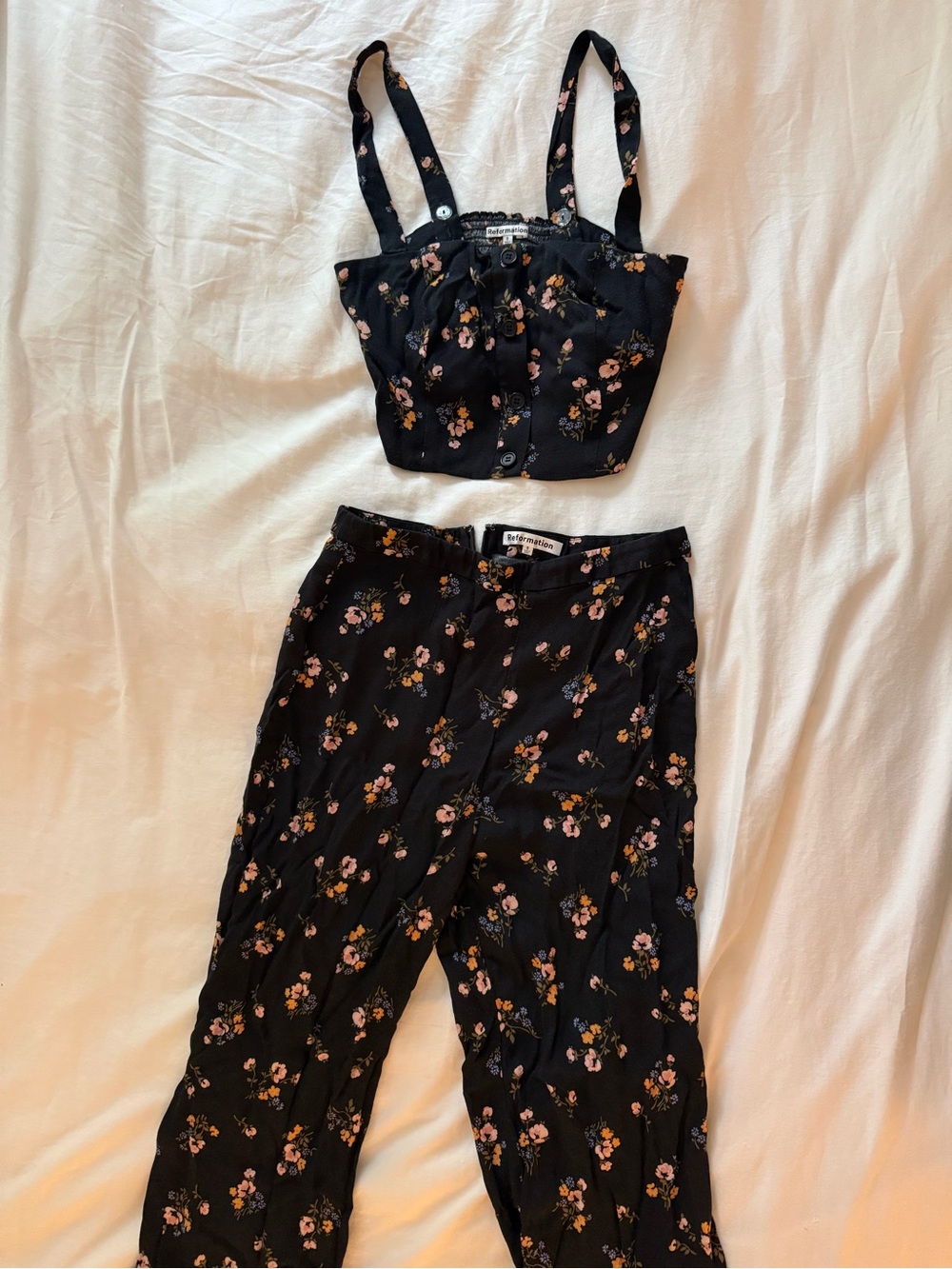 Reformation Black Floral Crop Top & Wide-Leg Pants Set